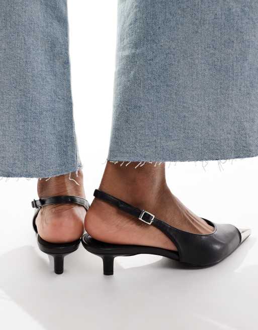 ASOS DESIGN Seeker toe cap slingback mid heeled shoes in black, 2 of 4