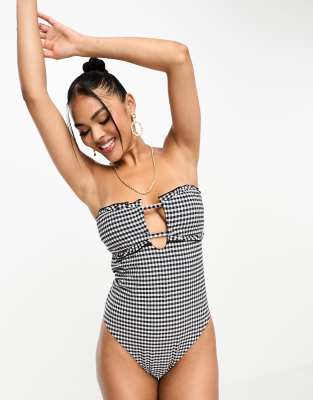 Asos Design Seersucker Bandeau Frill Swimsuit In Mono Gingham-multi