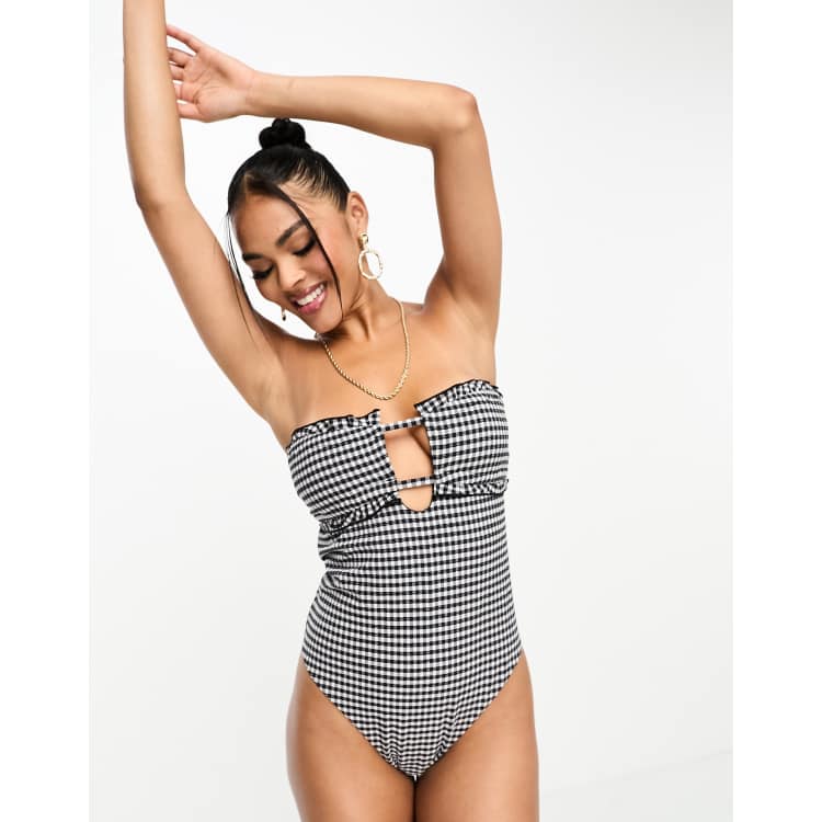 ASOS DESIGN seersucker bandeau frill swimsuit in mono gingham