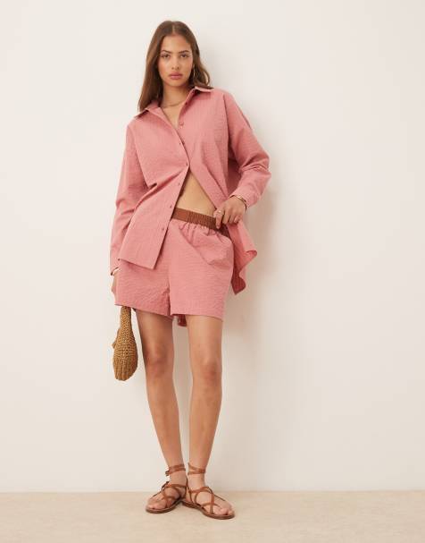 ASOS DESIGN seersucker boxer shorts with contrast waistband co-ord in rose stripe - view 1