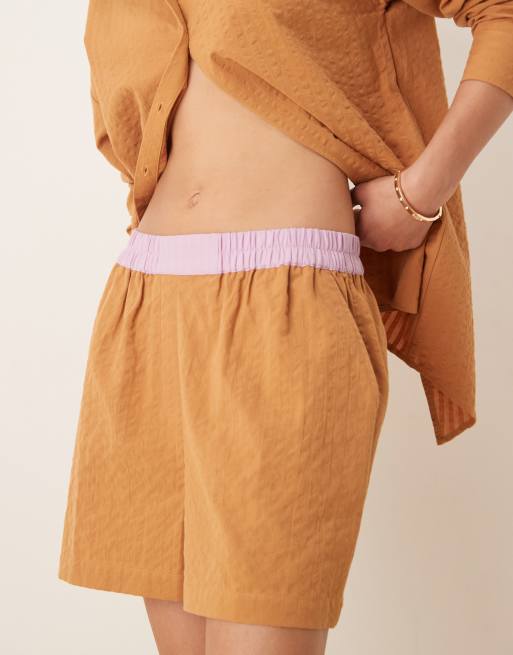 ASOS DESIGN seersucker boxer shorts with contrast waistband co-ord in tan stripe, 4 of 4