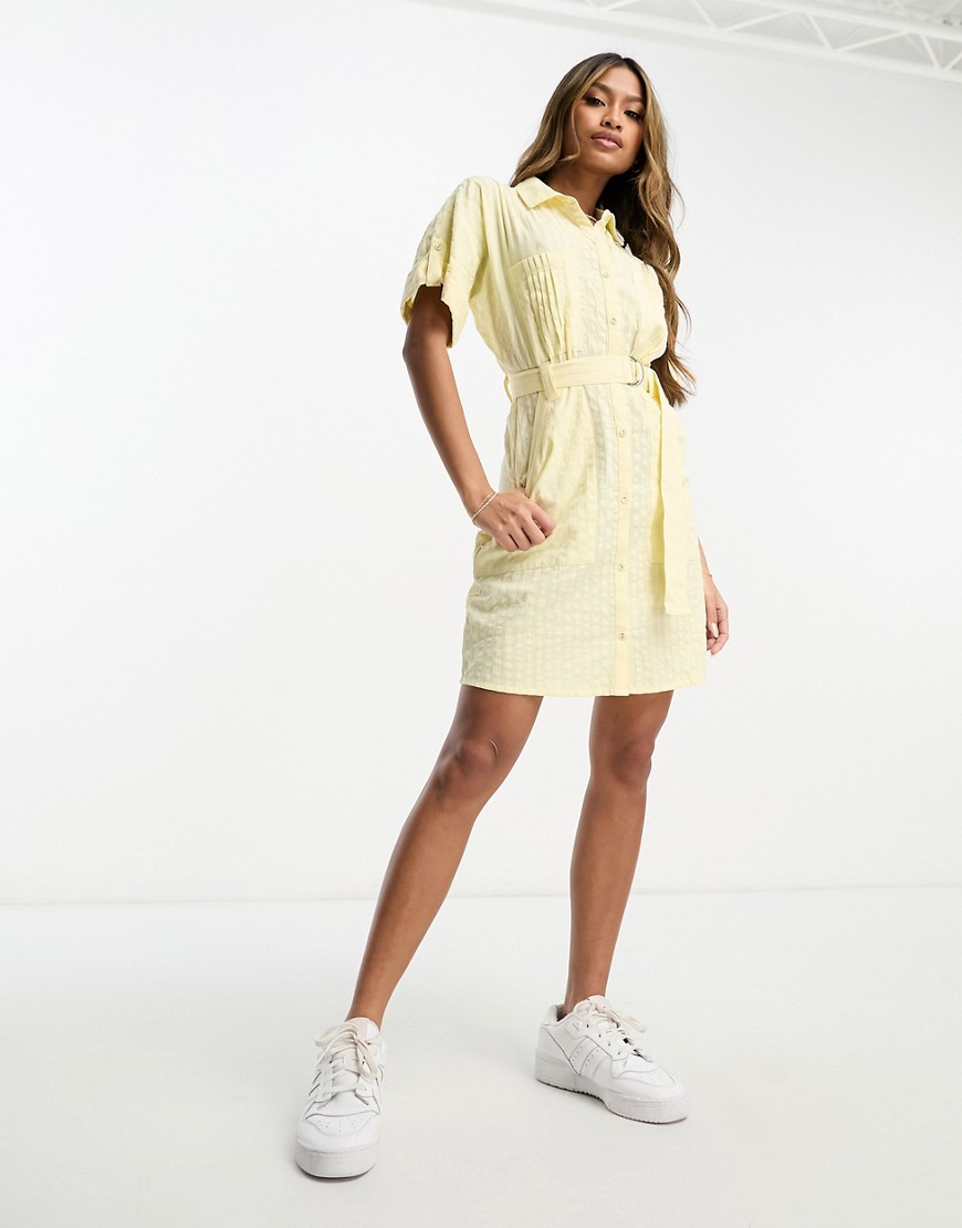 Asos Design Seersucker D Ring Belted Shirt Mini Dress In Yellow