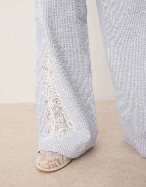 ASOS DESIGN seersucker embroidered wide leg pants in blue stripe - part of a set, 2 of 5