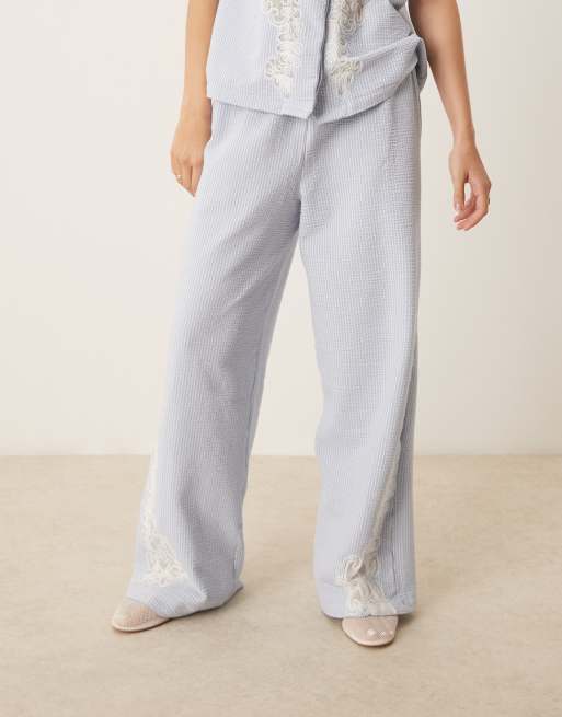 ASOS DESIGN seersucker embroidered wide leg pants in blue stripe - part of a set, 5 of 5
