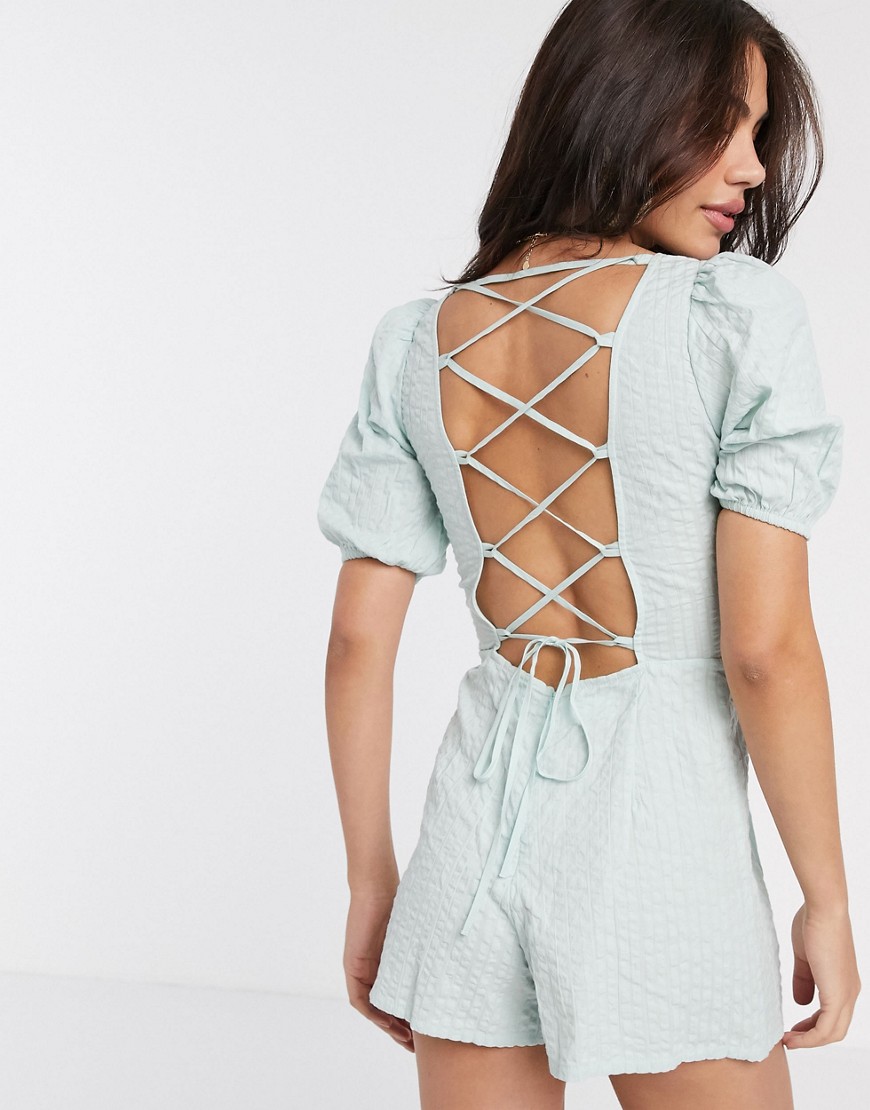 Alternative product photo of Asos design seersucker lace up back playsuit in mint - multi