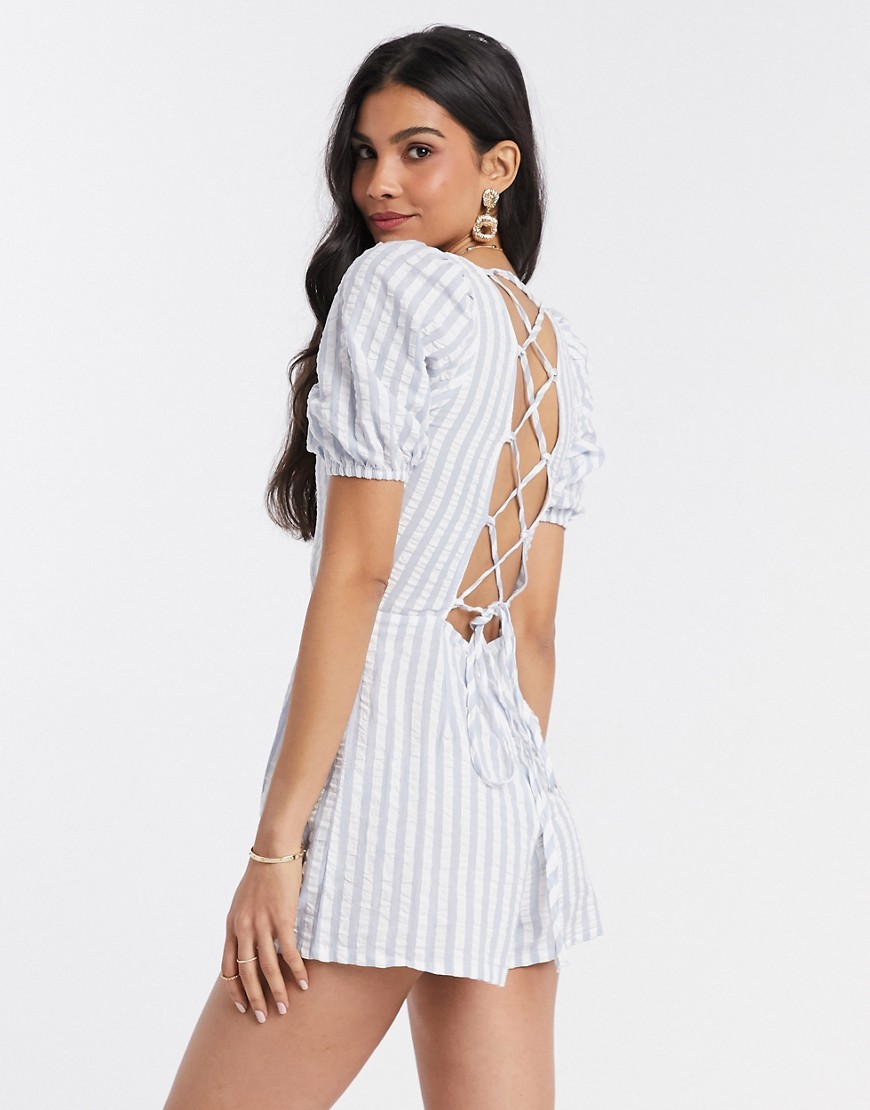 Product photo of Asos design seersucker lace up back playsuit in stripe print - multi