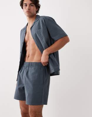 Asos Design Seersucker Mid Length Shorts In Blue