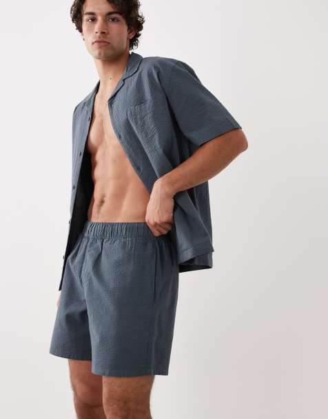 ASOS DESIGN seersucker mid length shorts in navy - part of a set - view 1