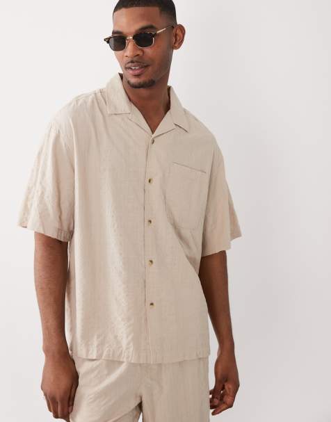 ASOS DESIGN - Seersucker overhemd met reverskraag in beige, deel van co-ord set - view 1