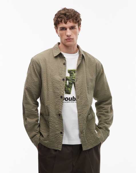 ASOS DESIGN seersucker overshirt with badge in khaki green - view 1