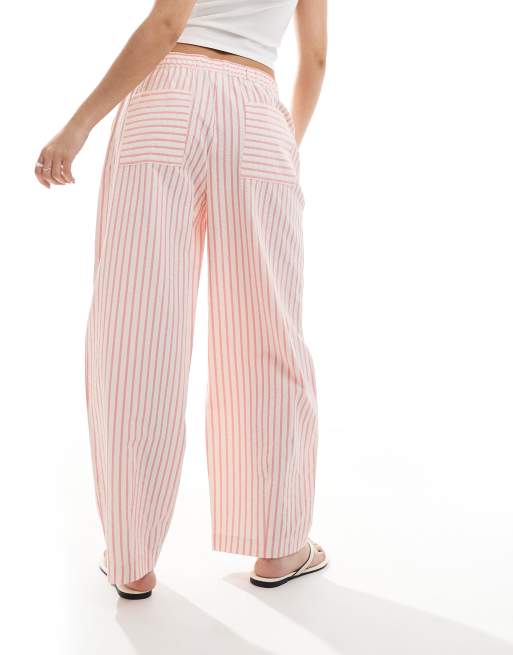 ASOS DESIGN seersucker pull on barrel leg trousers in pink stripe, 4 of 5