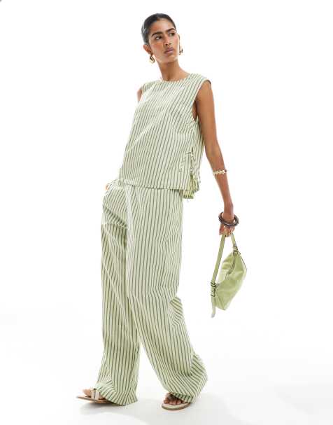 ASOS DESIGN seersucker pull on straight leg pants in khaki green stripes - part of a set - view 1