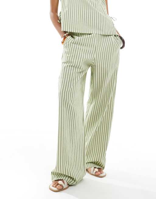 ASOS DESIGN seersucker pull on straight leg pants in khaki green stripes - part of a set