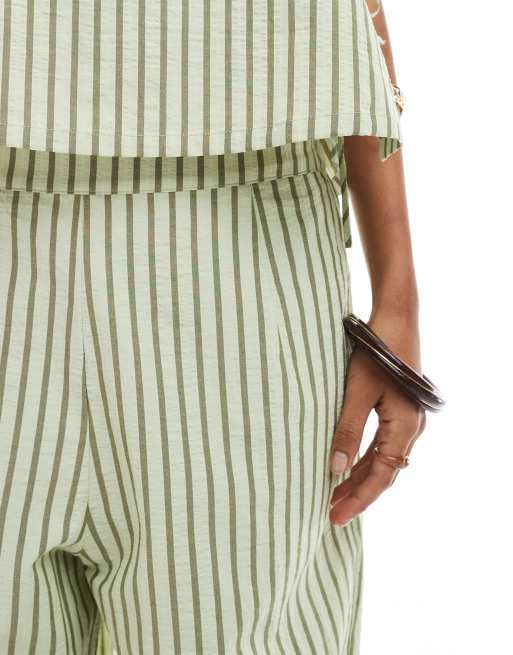 ASOS DESIGN seersucker pull on straight leg pants in khaki green stripes - part of a set