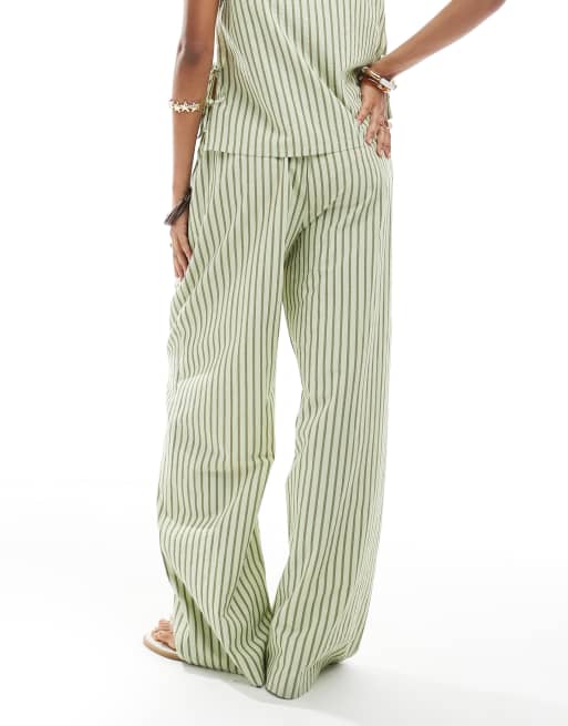 ASOS DESIGN seersucker pull on straight leg pants in khaki green stripes - part of a set, 3 of 5