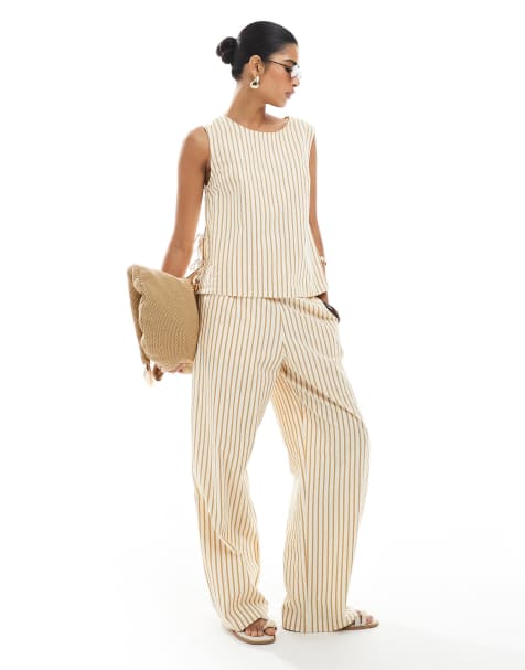 ASOS DESIGN seersucker pull on straight leg trousers & tie side shell top co-ord in khaki stripe - view 1