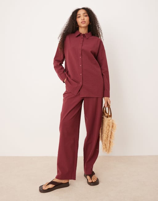 ASOS DESIGN seersucker relaxed pull on pants in burgundy - part of a set