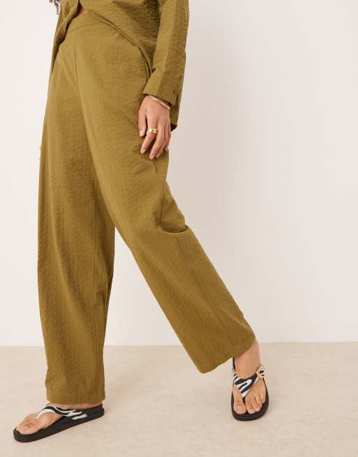 ASOS DESIGN seersucker relaxed pull on stripe pants in olive - part of a set
