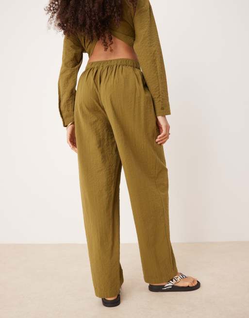 ASOS DESIGN seersucker relaxed pull on stripe pants in olive - part of a set