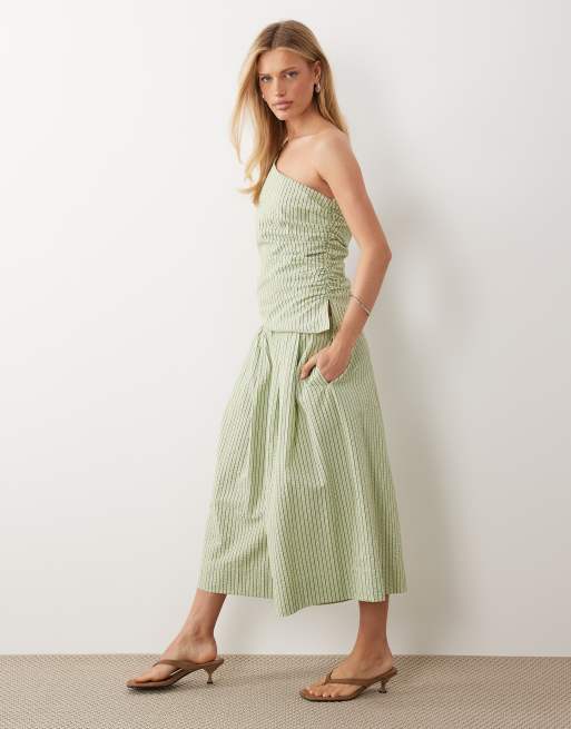 ASOS DESIGN seersucker ruched asymmetric top in green stripe, 2 of 4