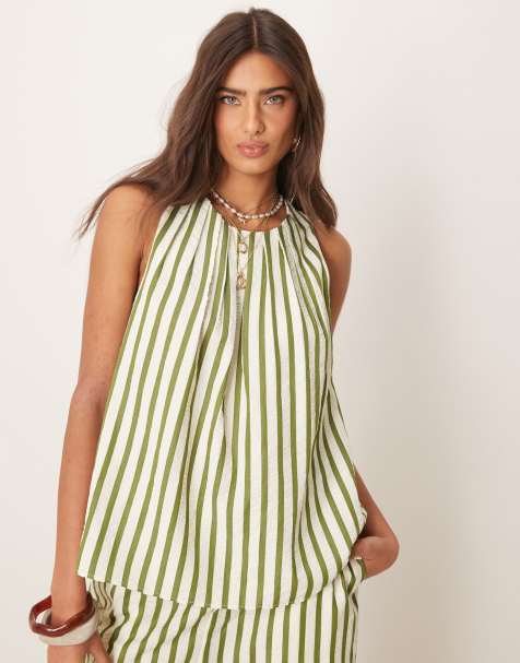 ASOS DESIGN seersucker shell top co-ord in khaki stripe - view 1