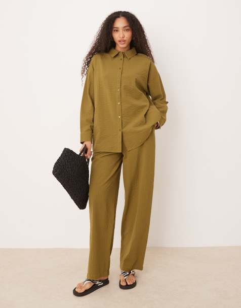 ASOS DESIGN seersucker shirt & pull on pants set in olive stripes - view 1
