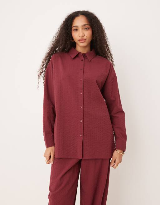 ASOS DESIGN seersucker stripe shirt in burgundy (part of a set)