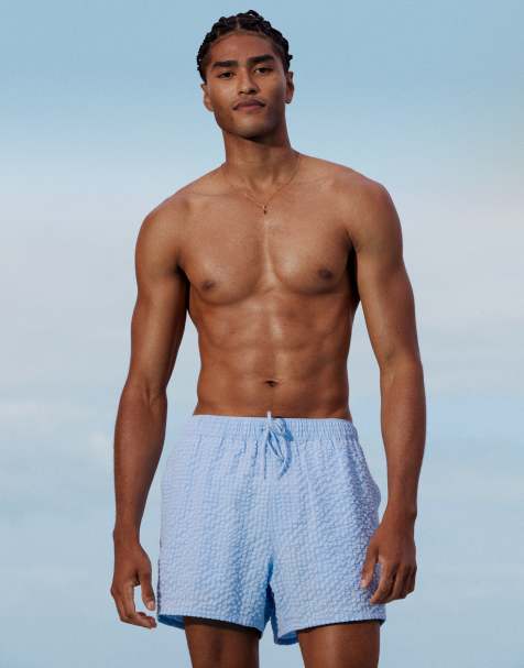 ASOS DESIGN seersucker swim short in short length in blue check - view 1