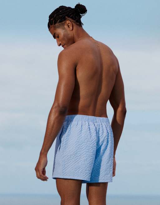 ASOS DESIGN seersucker swim short in short length in blue