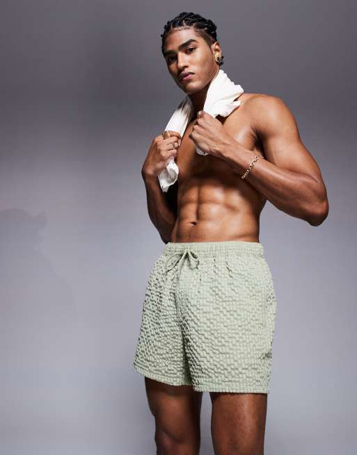 ASOS DESIGN seersucker swim short in short length in green check