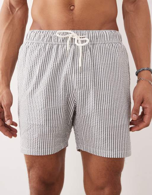 ASOS DESIGN seersucker swim shorts in mid length in black stripe, 4 of 5