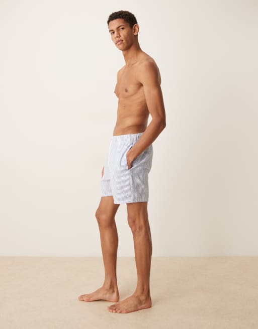 ASOS DESIGN seersucker swim shorts in mid length in blue stripe, 3 of 5