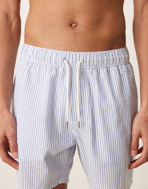 ASOS DESIGN seersucker swim shorts in mid length in blue stripe, 5 of 5