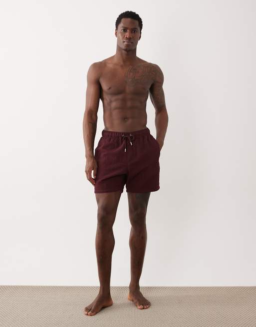 ASOS DESIGN seersucker swim shorts in mid length in burgundy, 2 of 5