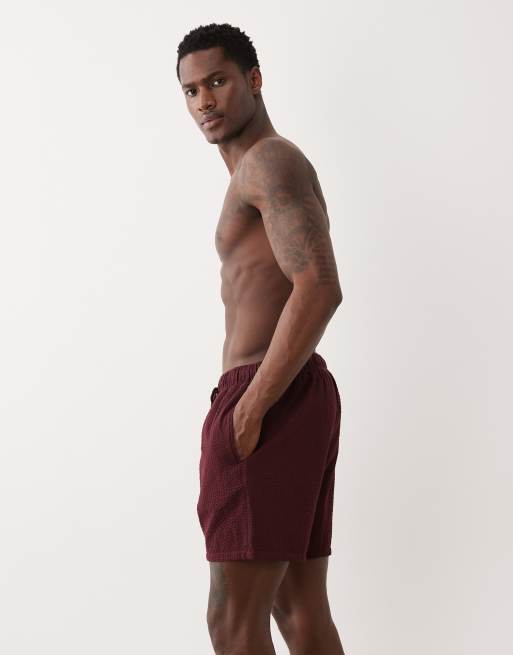 ASOS DESIGN seersucker swim shorts in mid length in burgundy, 3 of 5