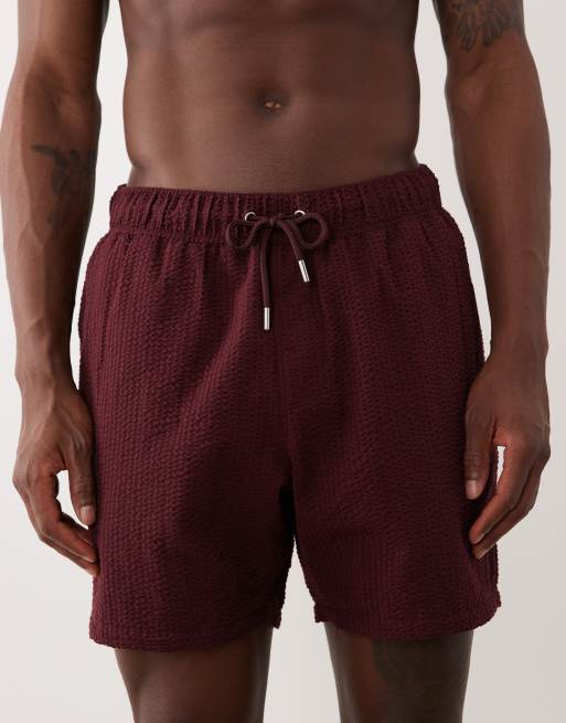 ASOS DESIGN seersucker swim shorts in mid length in burgundy, 4 of 5