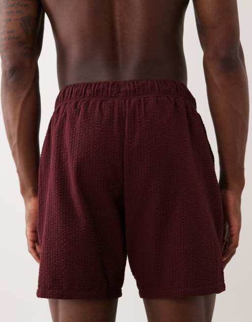 ASOS DESIGN seersucker swim shorts in mid length in burgundy, 5 of 5