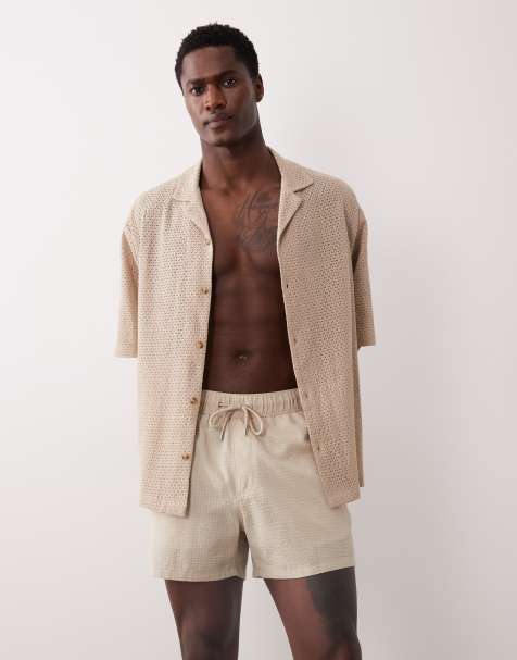 ASOS DESIGN seersucker swim shorts in short length in beige