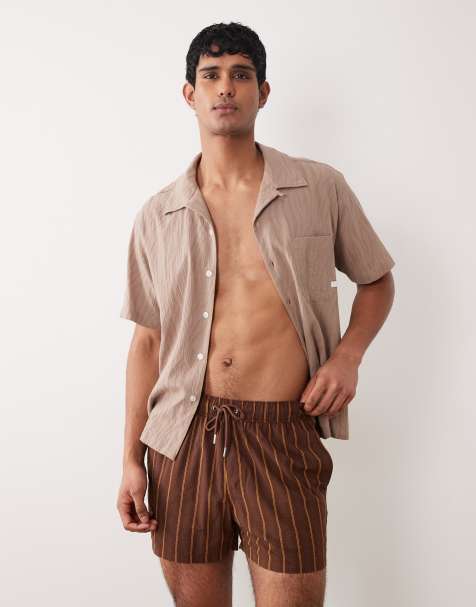 ASOS DESIGN seersucker swim shorts in short length in brown stripe - view 1