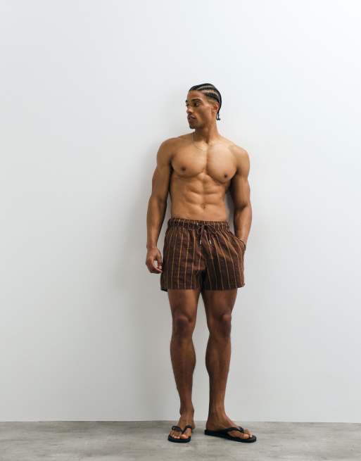 ASOS DESIGN seersucker swim shorts in short length in brown stripe, 5 of 5
