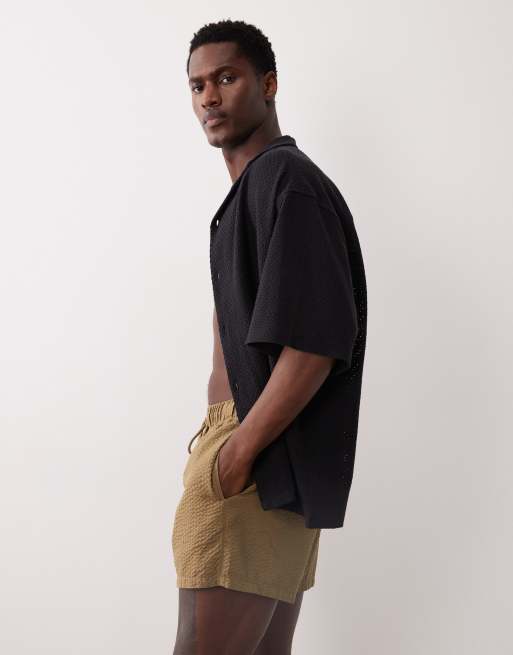 ASOS DESIGN seersucker swim shorts in short length in brown, 3 of 5