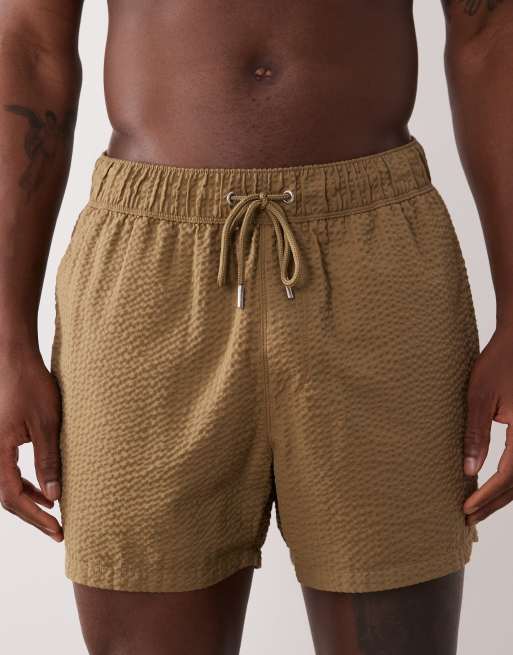 ASOS DESIGN seersucker swim shorts in short length in brown, 4 of 5