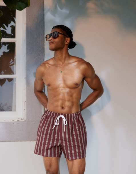 ASOS DESIGN seersucker swim shorts in short length in burgundy stripe - view 1