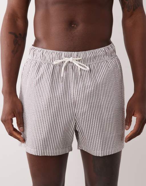 ASOS DESIGN seersucker swim shorts in short length in burgundy stripe, 4 of 5