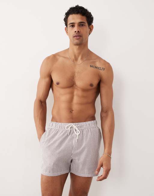 ASOS DESIGN seersucker swim shorts in short length in burgundy stripe, 2 of 5