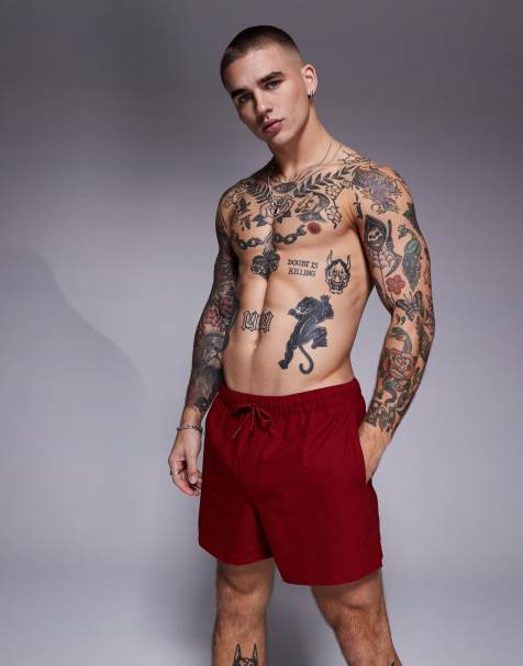 ASOS DESIGN seersucker swim shorts in short length in burgundy - view 1