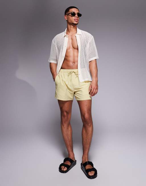ASOS DESIGN seersucker swim shorts in short length in green (part of a set)