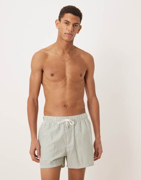 ASOS DESIGN seersucker swim shorts in short length in green stripe