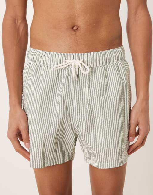 ASOS DESIGN seersucker swim shorts in short length in green stripe, 4 of 5