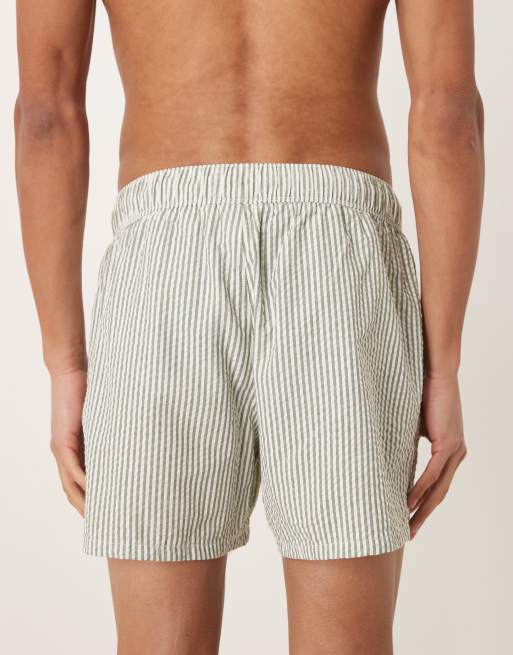 ASOS DESIGN seersucker swim shorts in short length in green stripe, 5 of 5